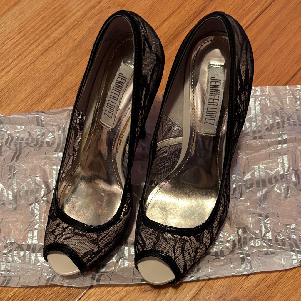 Jennifer Lopez Black Lace Peep-Toe Heels With Cream Toe